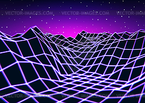 Neon grid landscape with retro wave game style - vector clipart