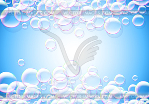 Soap bubbles abstract blue background with rainbow - vector image