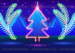 Christmas card with 80s neon tree - vector image