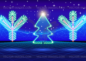 Christmas card with 80s neon tree - vector clipart