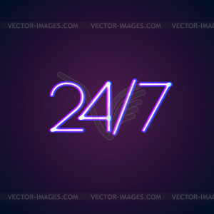 24/7 round hour open neon sign with glowing lights - vector clip art