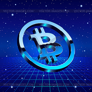 Bitcoin chrome sign with sci-fi futuristic neon grid - vector image