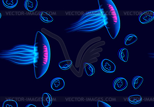 Медузы бесшовные модели с неоновой светящейся вибран - векторный клипарт EPS