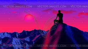 Neon colored concept with digital man sitting and - vector clipart