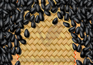 Sunflower seeds background with heap of black grains - vector image