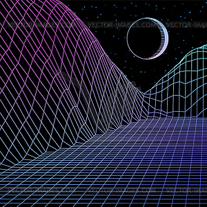 Landscape with wireframe grid of 80s styled retro - vector clip art