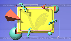 Abstract 90s styled frame with flying 3d objects an - vector image
