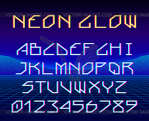 Neon glowing retro game laser font or typeset with - vector image