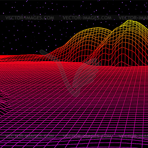 Пейзаж с каркасной сеткой 80-х годов в стиле ретро - векторная иллюстрация