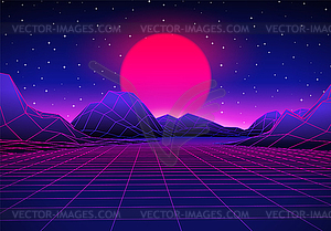 Retro futuristic landscape with sun and shiny grid - vector clip art