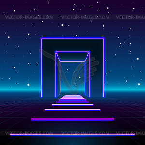 Neon 80s styled massive gate in retro game landscap - vector clipart