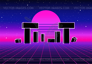 Neon landscape with 80s retro wave game style - royalty-free vector clipart