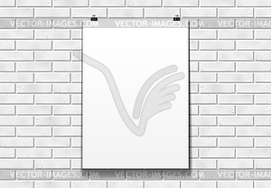 Blank poster mockup on paper clips in front of bric - vector clipart