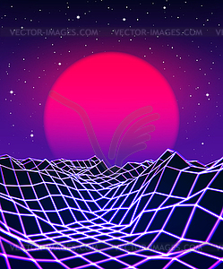 Neon grid landscape and sun with 80s game style - vector clipart