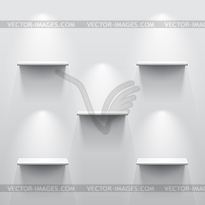 Five shelves with shadow in empty white room - vector EPS clipart