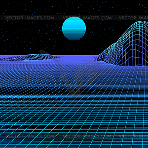 Landscape with wireframe grid of 80s styled retro - vector clip art