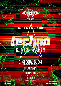 Glitch party poster with red background and star fo - vector image