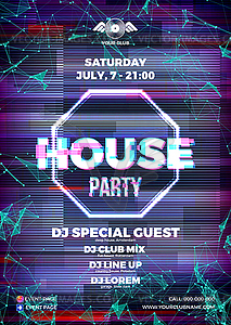 Glitch party poster with red background and - vector clipart