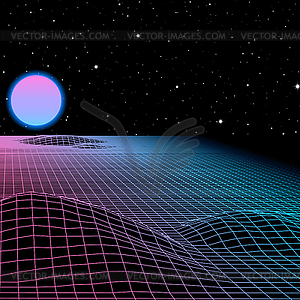 Пейзаж с каркасной сеткой 80-х годов в стиле ретро - изображение в векторном формате