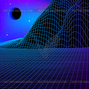 Landscape with wireframe grid of 80s styled retro - vector clipart