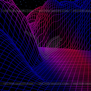 Пейзаж с каркасной сеткой 80-х годов в стиле ретро - векторная графика