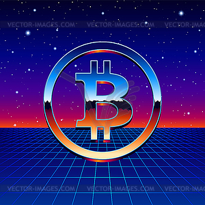 Bitcoin chrome sign with sci-fi futuristic neon grid - vector image