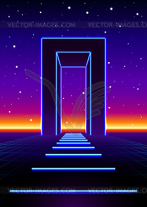 Neon 80s styled massive gate in retro game landscap - vector clipart