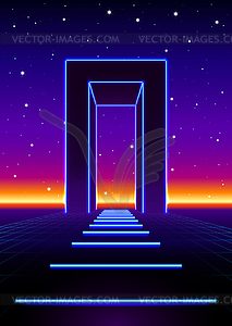 Neon 80s styled massive gate in retro game landscap - vector clipart