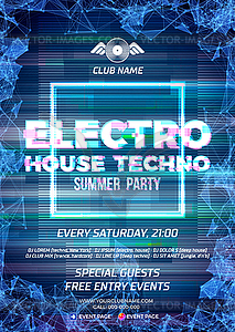 Glitch party poster with blue background and - vector image