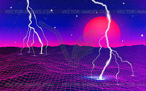 Retro 80s styled futuristic landscape with neon - vector clip art