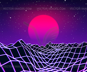 Neon grid landscape and sun with 80s game style - vector image