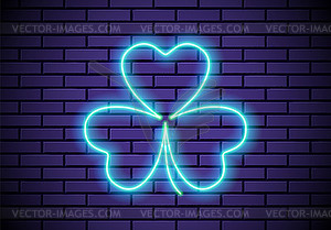 Neon Patrick`s Day clover leaf or shamrock on - vector image