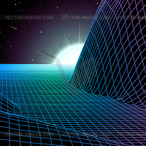 Landscape with wireframe grid of 80s styled retro - vector clip art