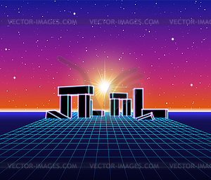 Neon landscape with 80s retro wave game style - vector clipart
