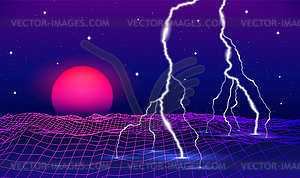 Retro 80s styled futuristic landscape with neon - vector clipart