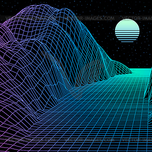 Landscape with wireframe grid of 80s styled retro - vector image