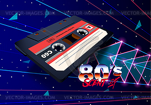 Compact cassette in space with laser rays and neon - vector clipart