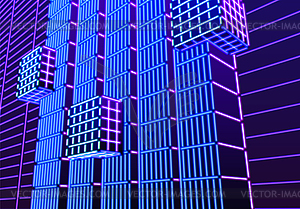 Neon background with ultraviolet 80s grid landscape - vector image