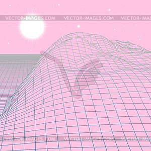 Landscape with wireframe grid of 80s styled retro - vector clipart