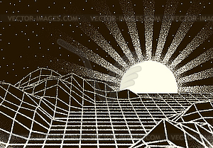 Retro dotwork landscape with 80s styled sun rays, - vector image