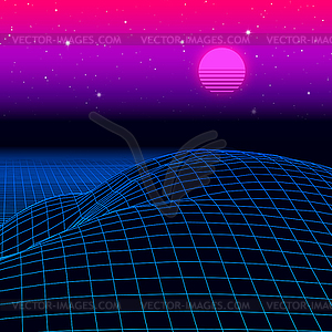 Landscape with wireframe grid of 80s styled retro - color vector clipart