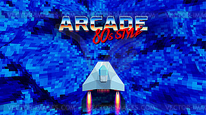 Arcade space ship flying over blue corridor or - vector image