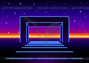 Neon 80s styled massive gate in retro game landscap - stock vector clipart