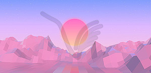 Abstract vaporwave landscape with sun rising over - vector image
