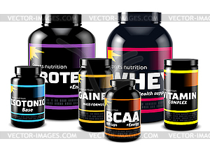 Set of sport supplement cans and jars. Sport food - vector clipart