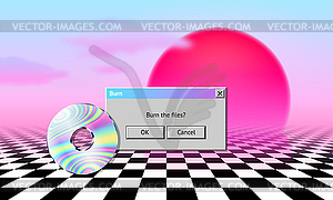 Vaporwave landscape with CD, dialogue window, sun, - vector clipart