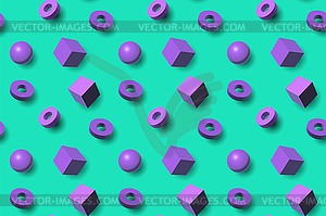 Seamless pattern with purple 3D shapes flying over - vector clipart