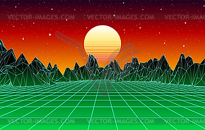 Neon grid mountain landscape and yellow sun with ol - vector clipart