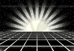 Retro dotwork landscape with 80s styled sun rays, - vector image