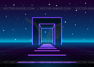 Neon 80s styled massive gate in retro game landscap - vector clip art